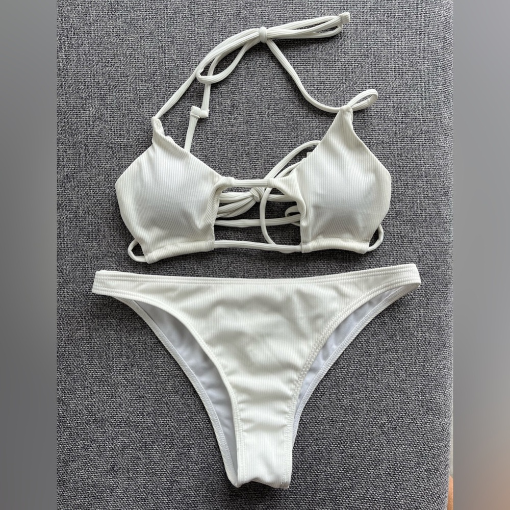 SHEIN White Bikini Set Top w/Removable Pads & String Ties-High Cut Bottoms Small